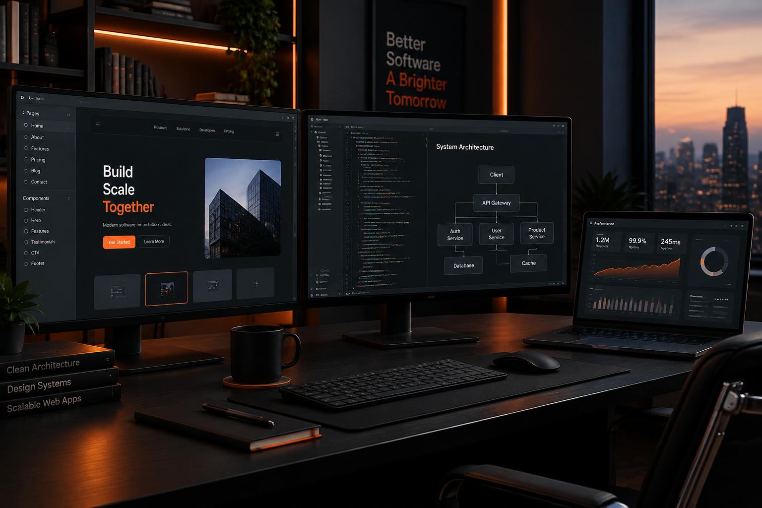 Software interfaces and system architecture displayed across a modern workstation