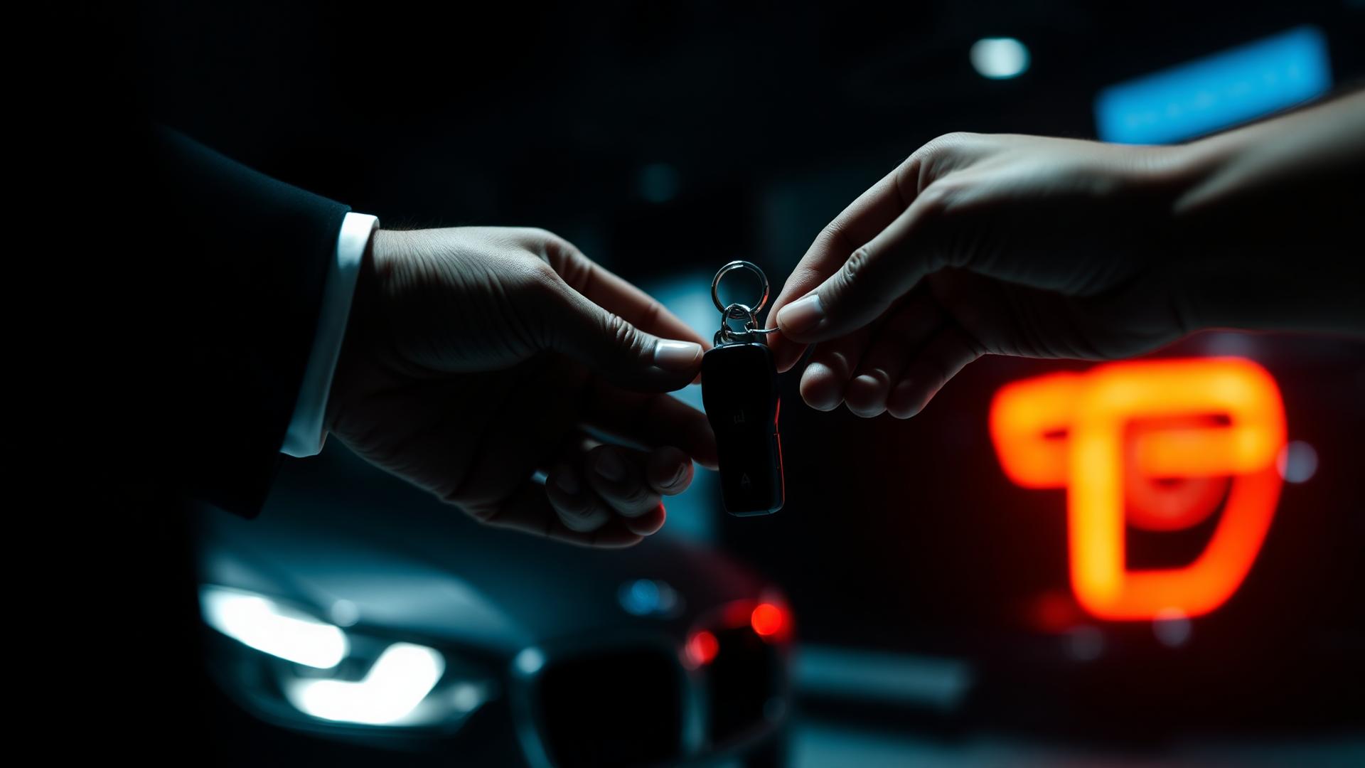 Handover of car keys in a dark premium showroom with orange accent lighting